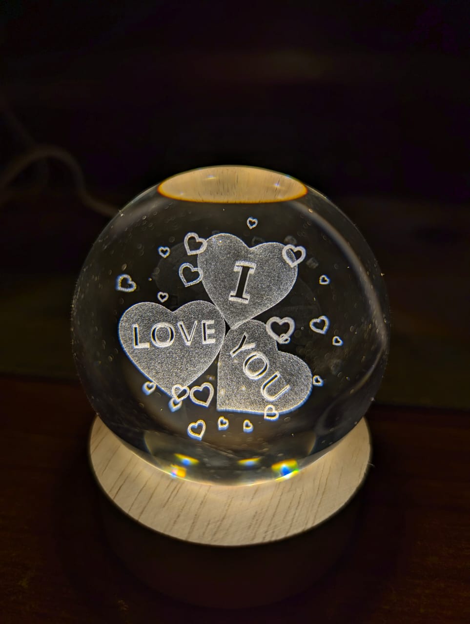 3D Crystal Ball LED Lamp with Wooden Base – USB Powered Night Light, Romantic Laser Engraved Glass