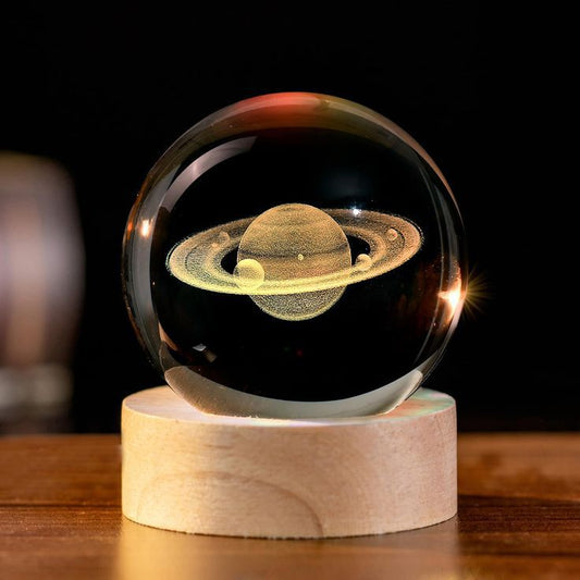 3D Crystal Ball LED Lamp with Wooden Base – USB Powered Night Light, Romantic Laser Engraved Glass